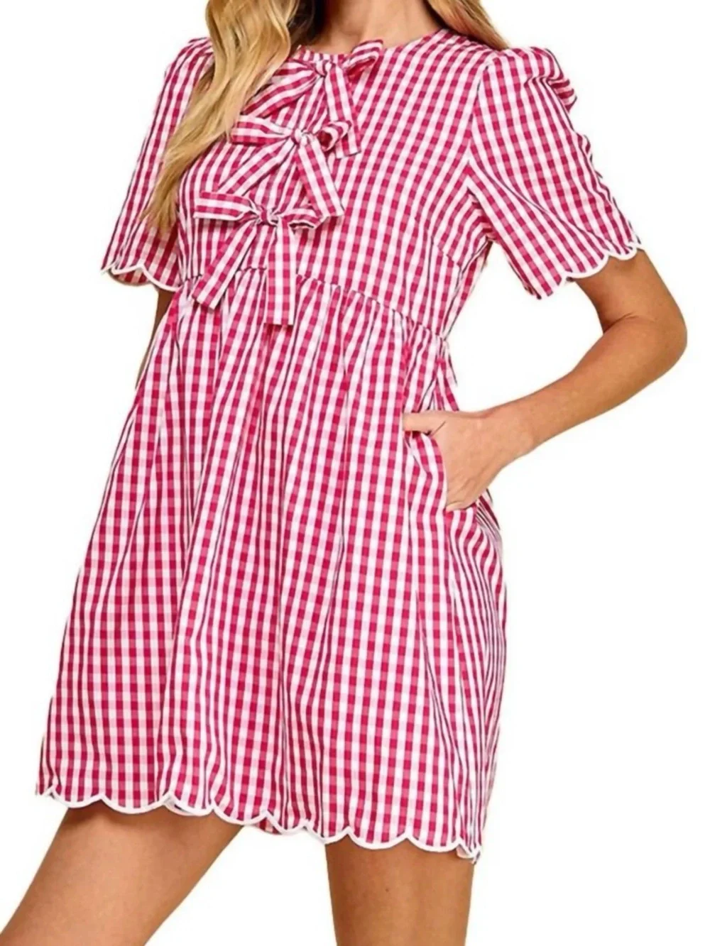 Fuchsia Plaid Mini Dress with Bows from TCEC Gingham Bow-Front Mini Dress - Picture 1 of 6